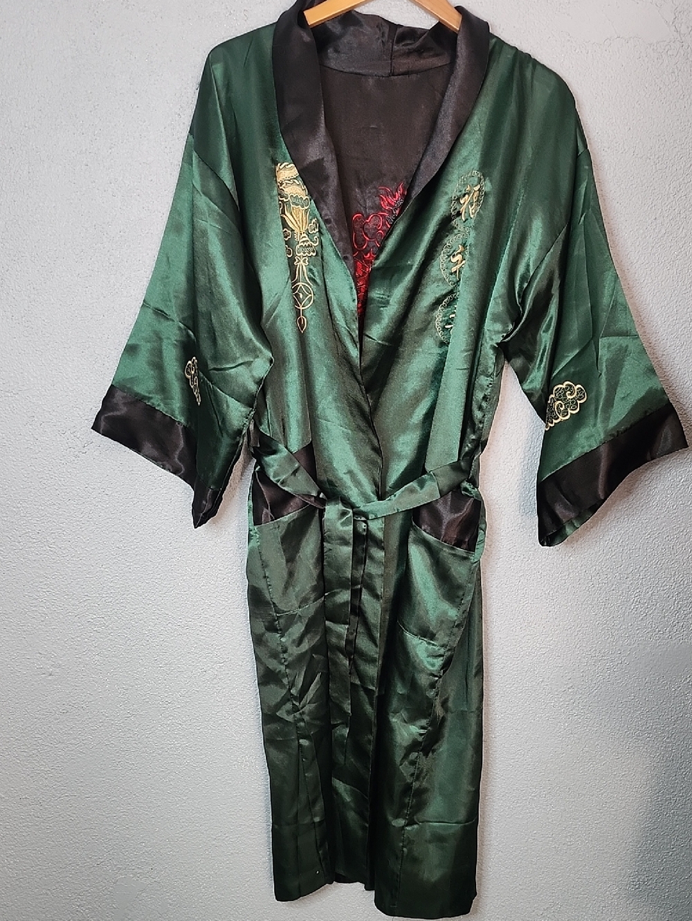 Emerald Greenoe Black Satin Kimono Robe With beautiful embroidery.